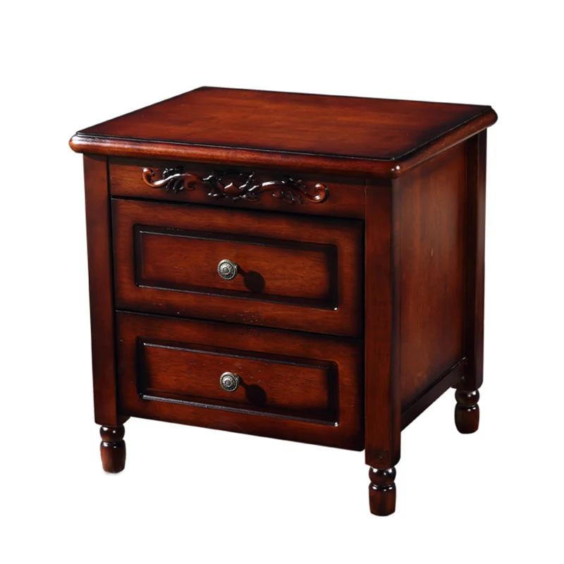 Traditional Vintage Rectangular Rubberwood Multi-Layer Plywood Aluminum Alloy Nightstand 2-Drawer For Bedroom