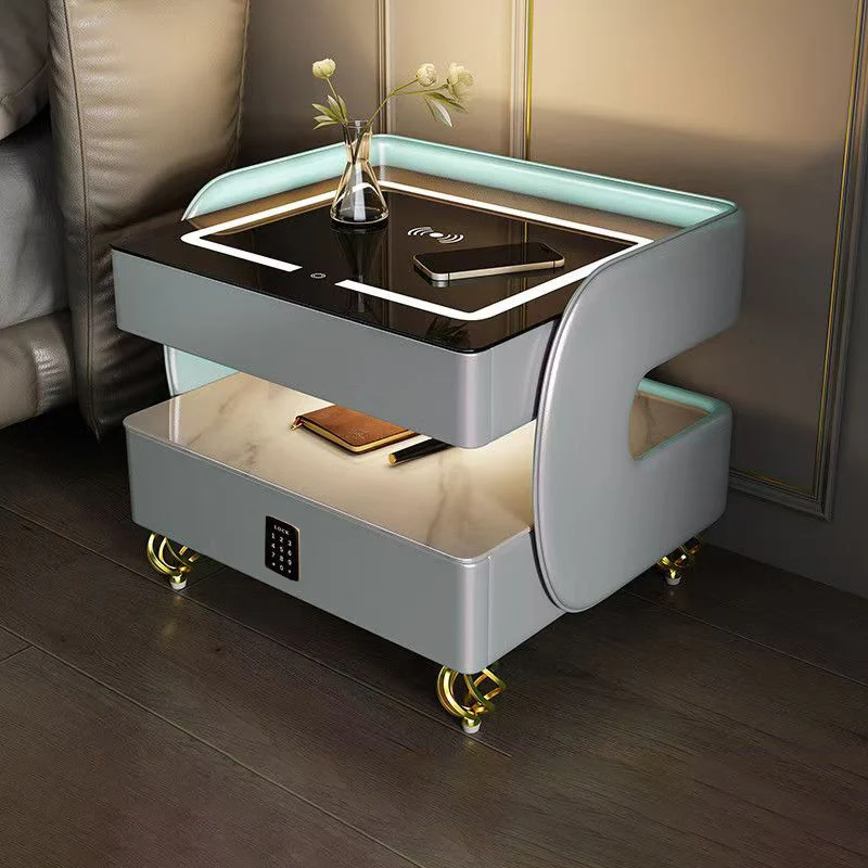 Modern Minimalist Rectangular Stone Slab Tempered Glass Solid Wood Fiberboard Steel Nightstand 2-Drawer For Bedroom
