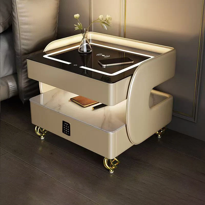 Modern Minimalist Rectangular Stone Slab Tempered Glass Solid Wood Fiberboard Steel Nightstand 2-Drawer For Bedroom