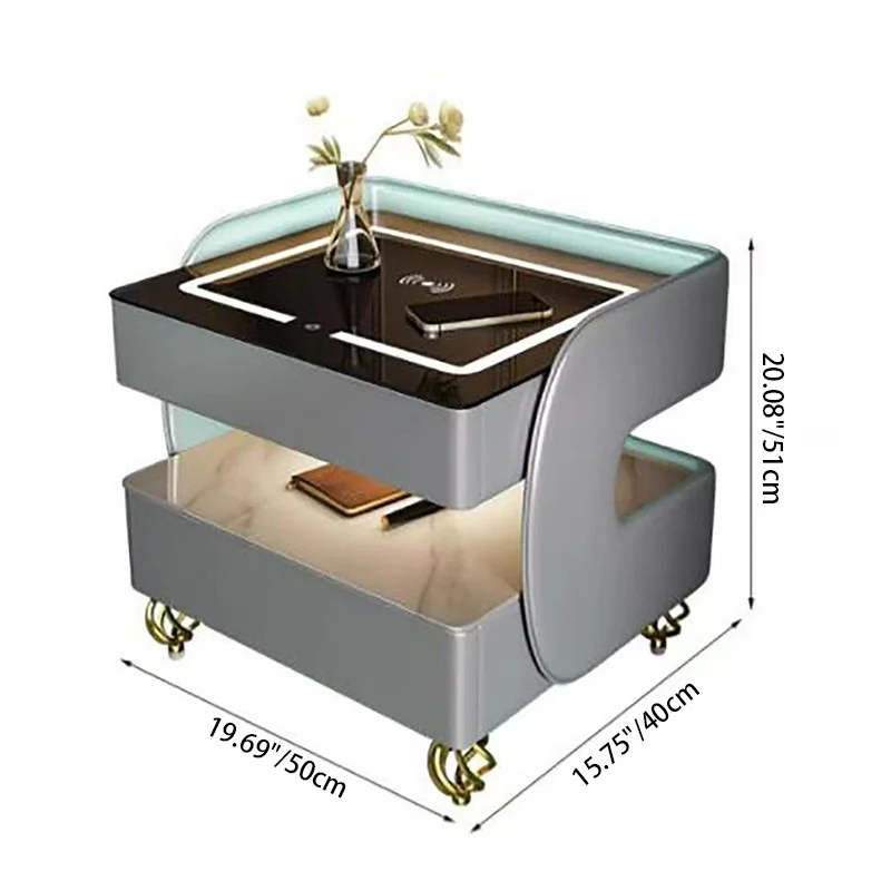 Modern Minimalist Rectangular Stone Slab Tempered Glass Solid Wood Fiberboard Steel Nightstand 2-Drawer For Bedroom