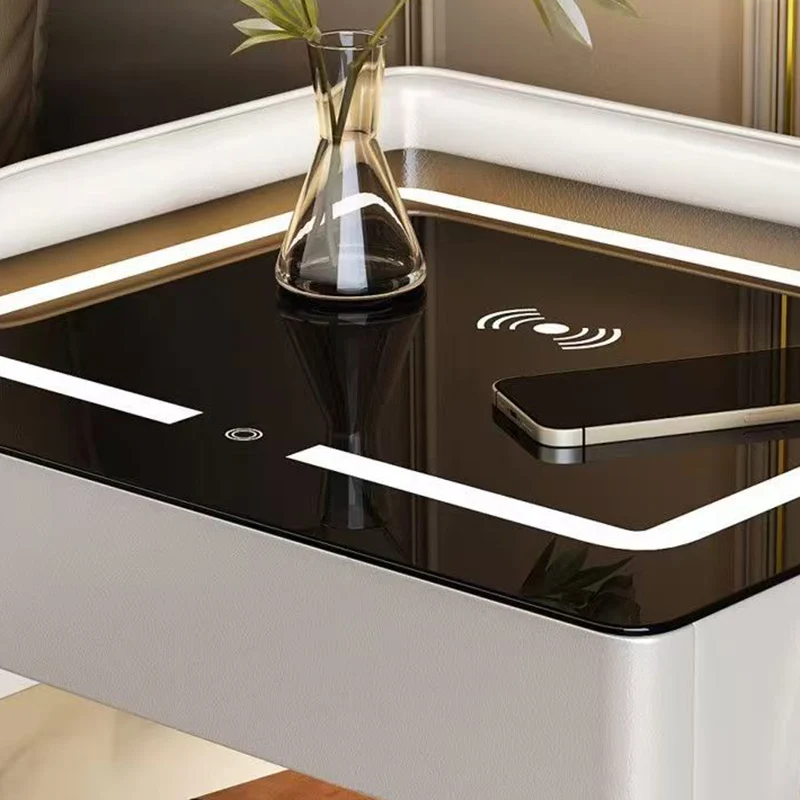 Modern Minimalist Rectangular Stone Slab Tempered Glass Solid Wood Fiberboard Steel Nightstand 2-Drawer For Bedroom