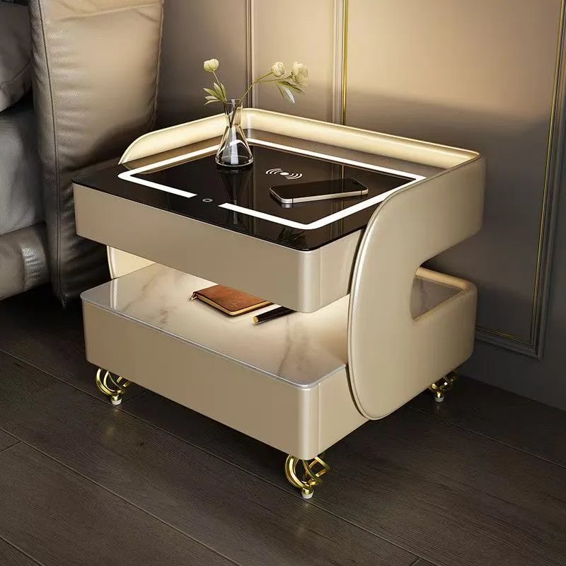Modern Minimalist Rectangular Stone Slab Tempered Glass Solid Wood Fiberboard Steel Nightstand 2-Drawer For Bedroom