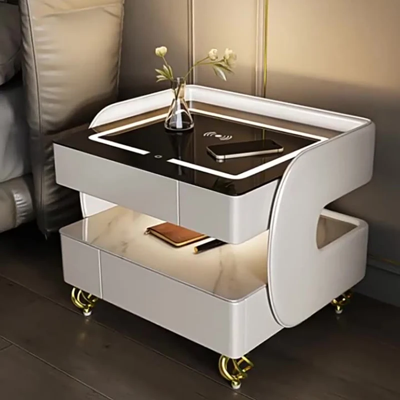 Modern Minimalist Rectangular Stone Slab Tempered Glass Solid Wood Fiberboard Steel Nightstand 2-Drawer For Bedroom