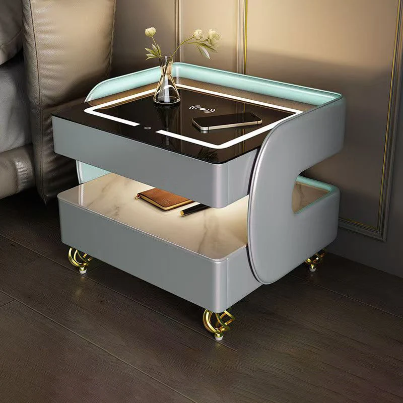 Modern Minimalist Rectangular Stone Slab Tempered Glass Solid Wood Fiberboard Steel Nightstand 2-Drawer For Bedroom