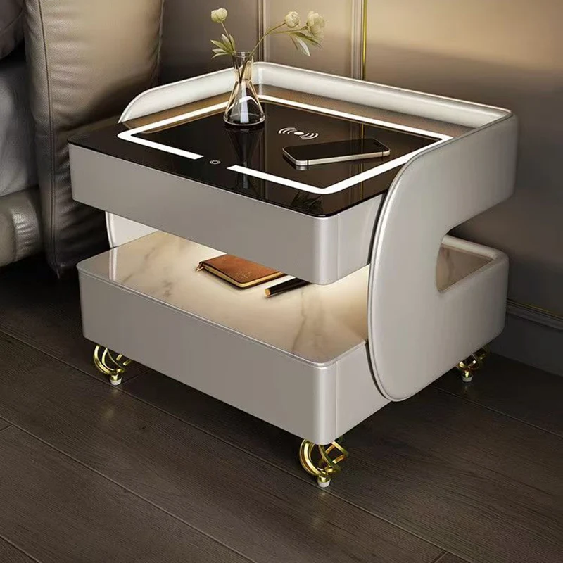 Modern Minimalist Rectangular Stone Slab Tempered Glass Solid Wood Fiberboard Steel Nightstand 2-Drawer For Bedroom