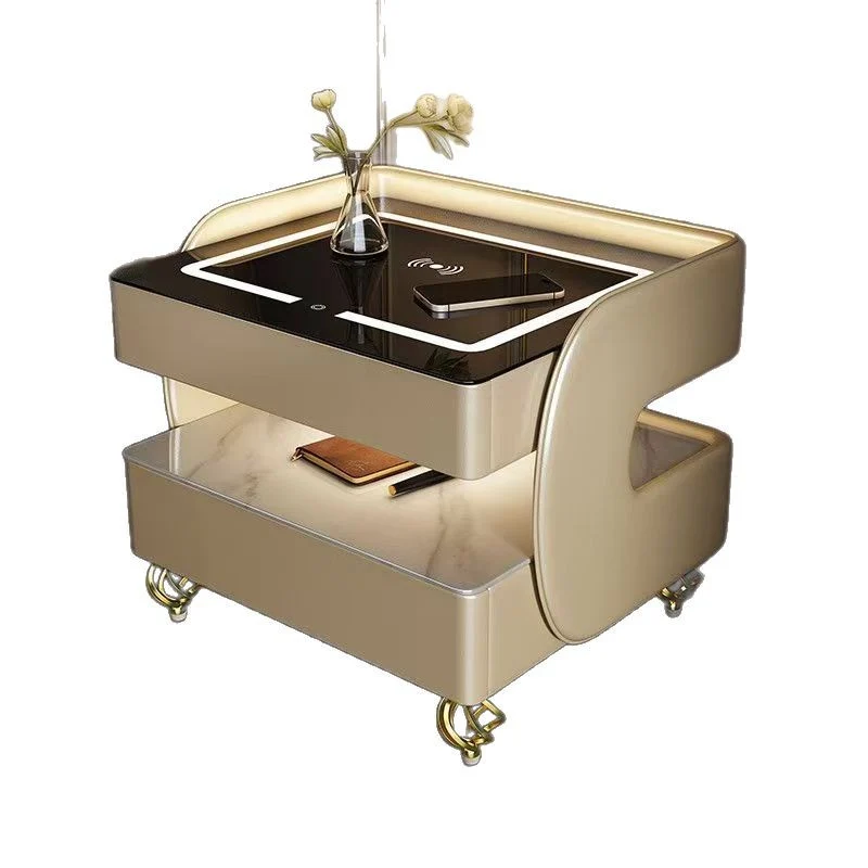 Modern Minimalist Rectangular Stone Slab Tempered Glass Solid Wood Fiberboard Steel Nightstand 2-Drawer For Bedroom