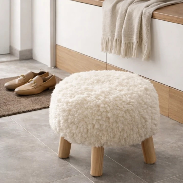 Contemporary Scandinavian Sherpa Fabric Solid Wood Round Low Stool For Entryway & Living Room