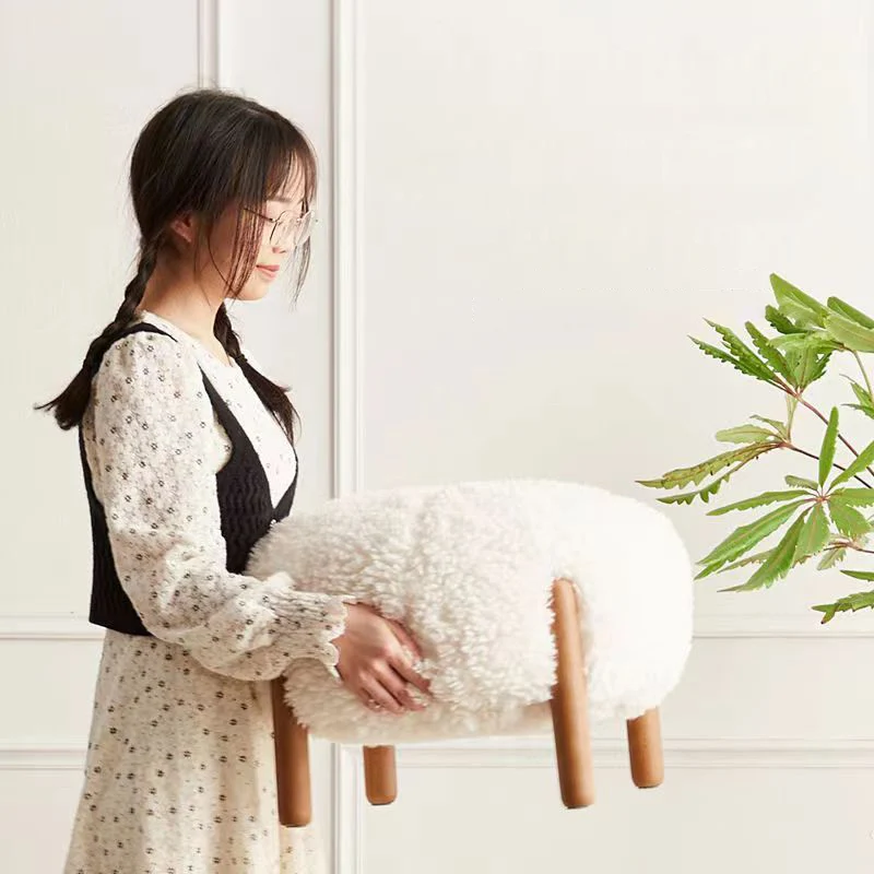 Contemporary Scandinavian Sherpa Fabric Solid Wood Round Low Stool For Entryway & Living Room