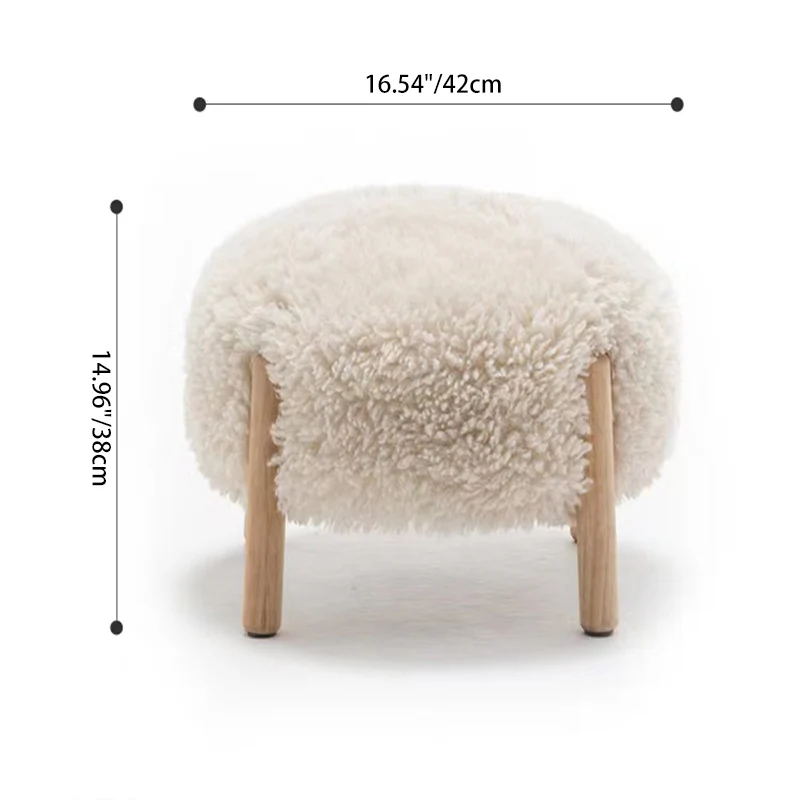 Contemporary Scandinavian Sherpa Fabric Solid Wood Round Low Stool For Entryway & Living Room