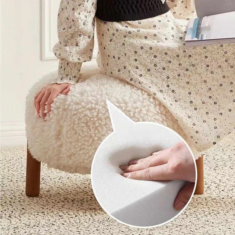 Contemporary Scandinavian Sherpa Fabric Solid Wood Round Low Stool For Entryway & Living Room