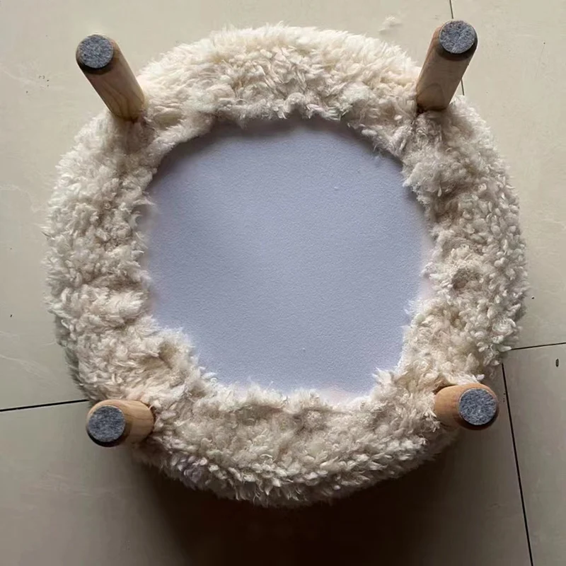 Contemporary Scandinavian Sherpa Fabric Solid Wood Round Low Stool For Entryway & Living Room