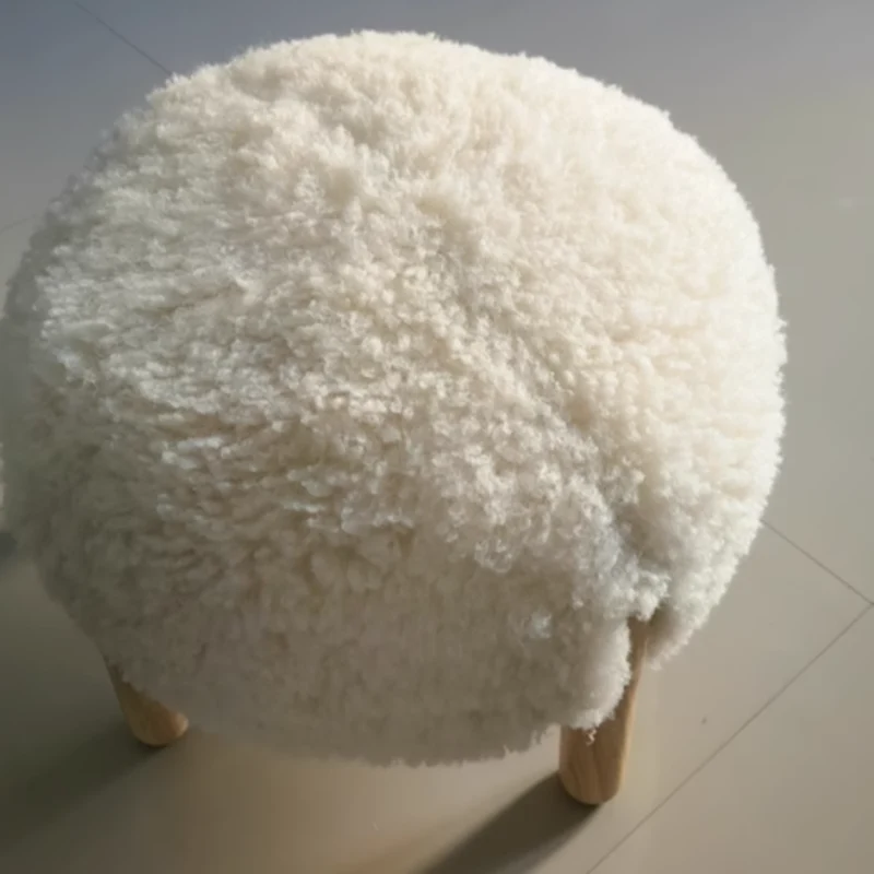 Contemporary Scandinavian Sherpa Fabric Solid Wood Round Low Stool For Entryway & Living Room