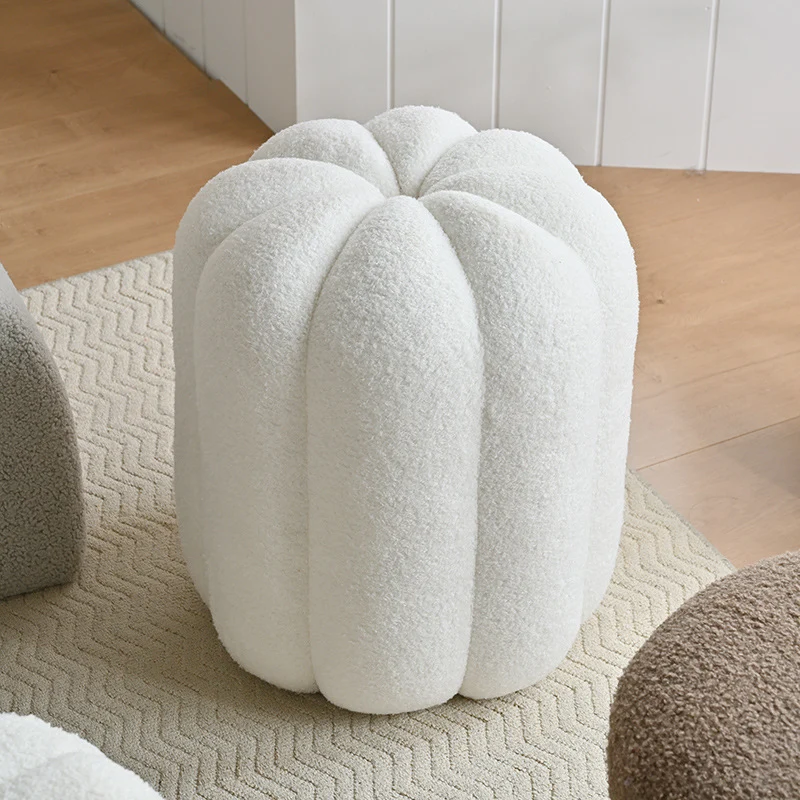Contemporary Creative Soft Velvet Sherpa Fabric Pumpkin-Shaped Plywood Vanity Stool For Bedroom