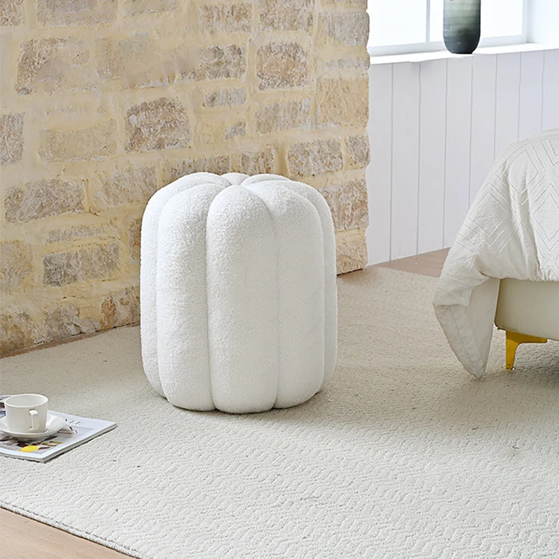 Contemporary Creative Soft Velvet Sherpa Fabric Pumpkin-Shaped Plywood Vanity Stool For Bedroom