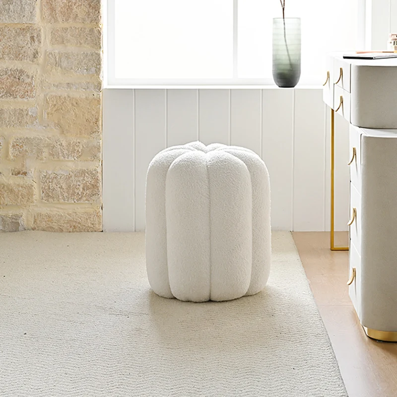 Contemporary Creative Soft Velvet Sherpa Fabric Pumpkin-Shaped Plywood Vanity Stool For Bedroom