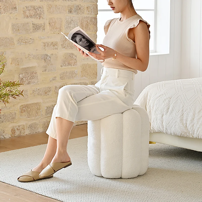 Contemporary Creative Soft Velvet Sherpa Fabric Pumpkin-Shaped Plywood Vanity Stool For Bedroom