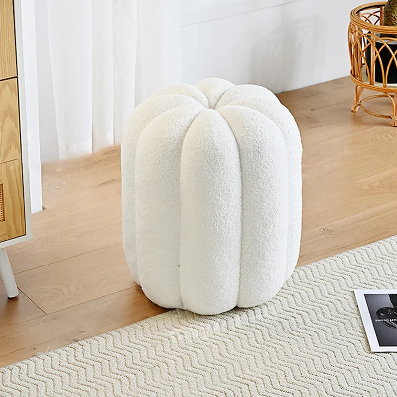Contemporary Creative Soft Velvet Sherpa Fabric Pumpkin-Shaped Plywood Vanity Stool For Bedroom