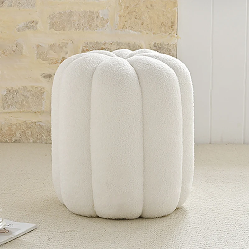 Contemporary Creative Soft Velvet Sherpa Fabric Pumpkin-Shaped Plywood Vanity Stool For Bedroom