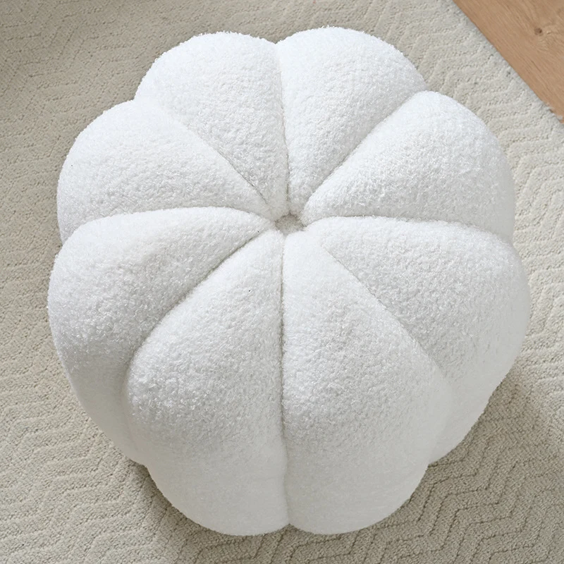 Contemporary Creative Soft Velvet Sherpa Fabric Pumpkin-Shaped Plywood Vanity Stool For Bedroom