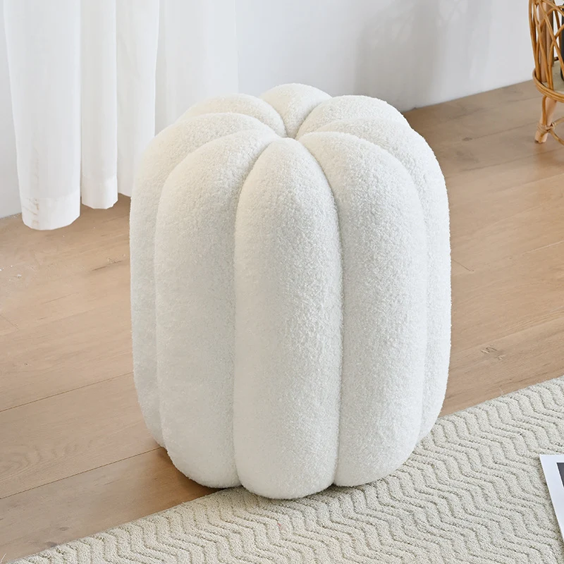 Contemporary Creative Soft Velvet Sherpa Fabric Pumpkin-Shaped Plywood Vanity Stool For Bedroom