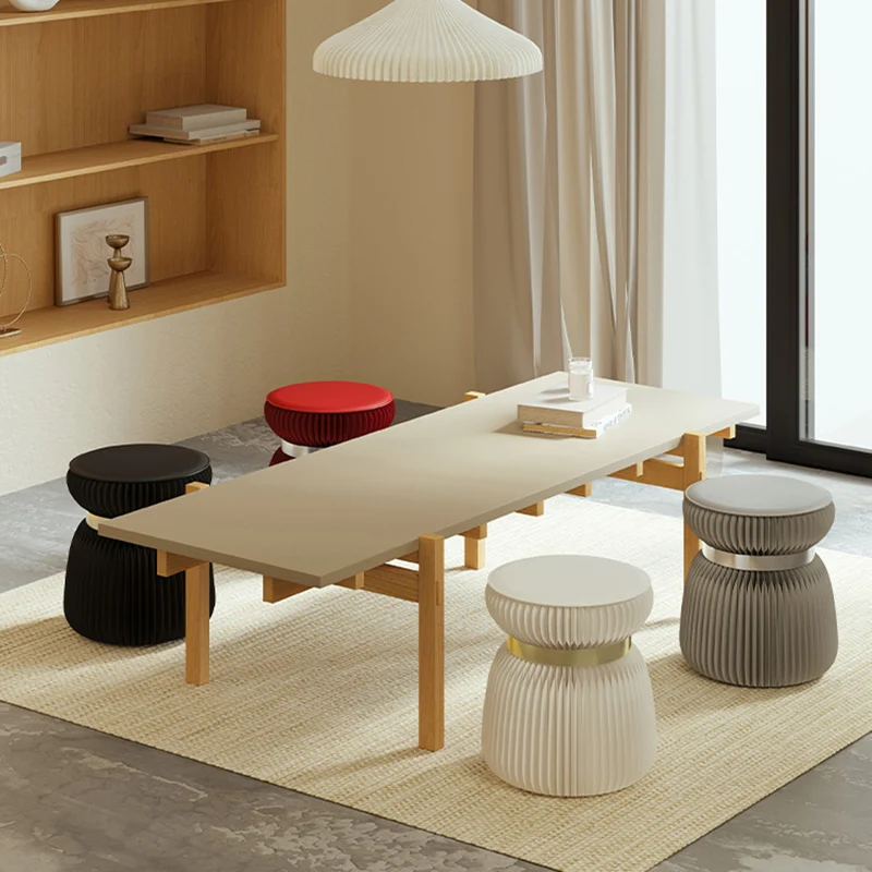Modern Art Deco Kraft Paper Acrylic Metal PU Leather Round Foldable Low Stool For Entryway & Living Room