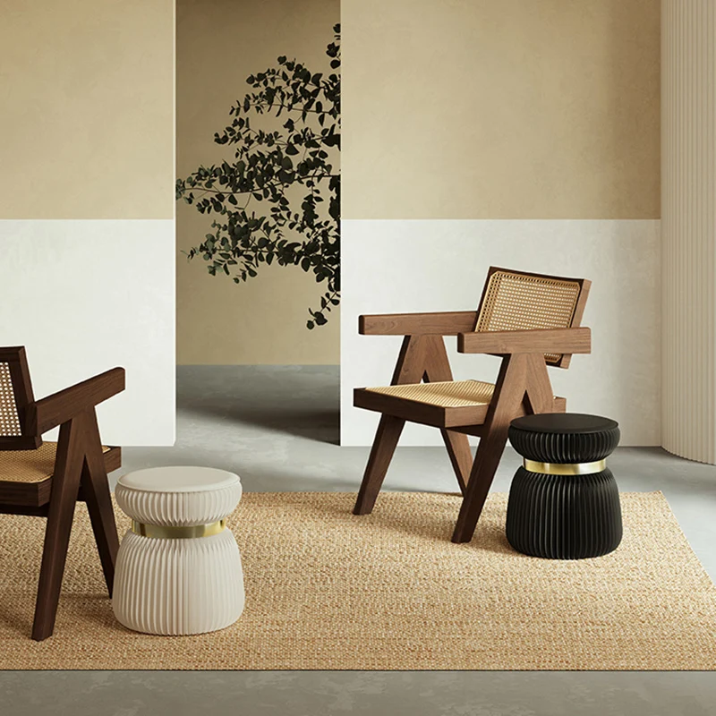 Modern Art Deco Kraft Paper Acrylic Metal PU Leather Round Foldable Low Stool For Entryway & Living Room