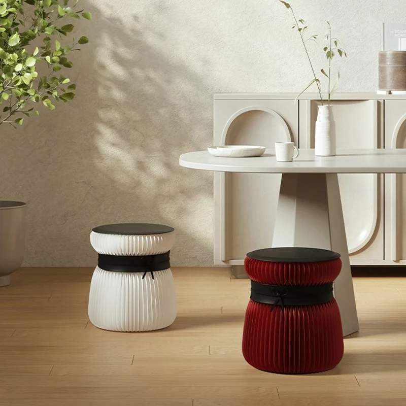 Modern Art Deco Kraft Paper Acrylic Metal PU Leather Round Foldable Low Stool For Entryway & Living Room