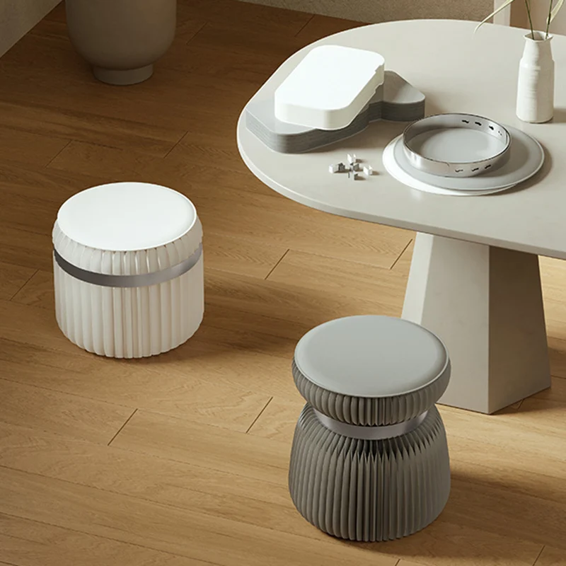 Modern Art Deco Kraft Paper Acrylic Metal PU Leather Round Foldable Low Stool For Entryway & Living Room