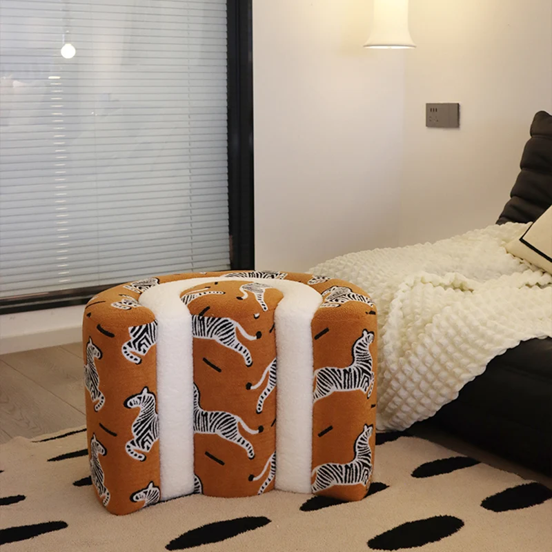 Contemporary Creative Solid Wood & Plywood Sherpa Fabric U-Shaped Zebra Pattern Low Stool For Entryway And Living Room