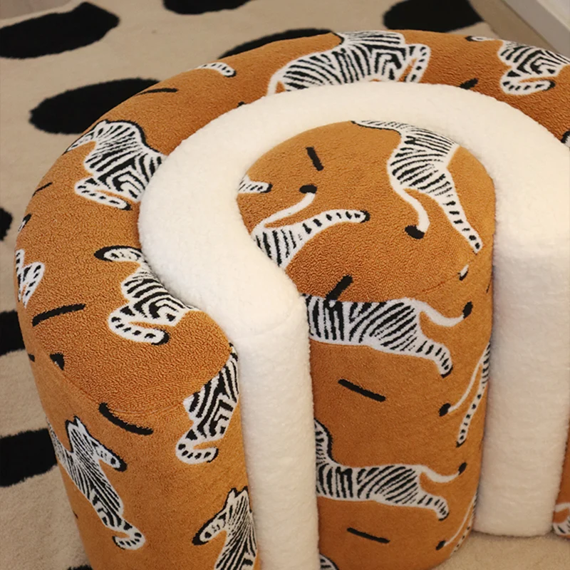 Contemporary Creative Solid Wood & Plywood Sherpa Fabric U-Shaped Zebra Pattern Low Stool For Entryway And Living Room