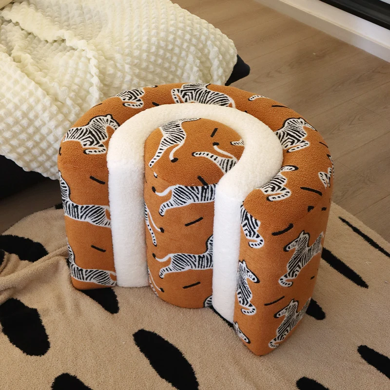 Contemporary Creative Solid Wood & Plywood Sherpa Fabric U-Shaped Zebra Pattern Low Stool For Entryway And Living Room