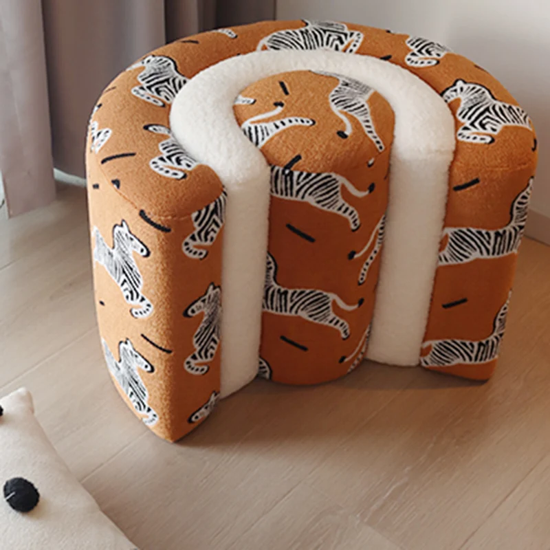Contemporary Creative Solid Wood & Plywood Sherpa Fabric U-Shaped Zebra Pattern Low Stool For Entryway And Living Room