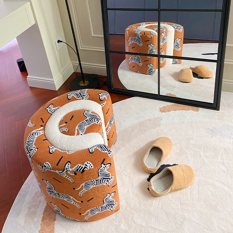 Contemporary Creative Solid Wood & Plywood Sherpa Fabric U-Shaped Zebra Pattern Low Stool For Entryway And Living Room