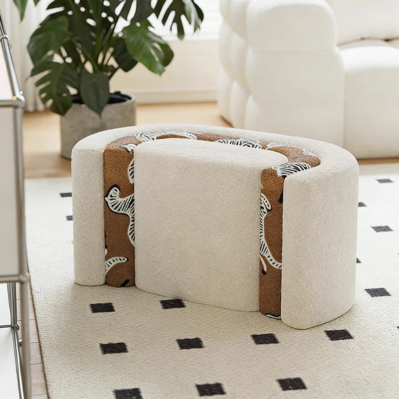Contemporary Creative Solid Wood & Plywood Sherpa Fabric U-Shaped Zebra Pattern Low Stool For Entryway And Living Room