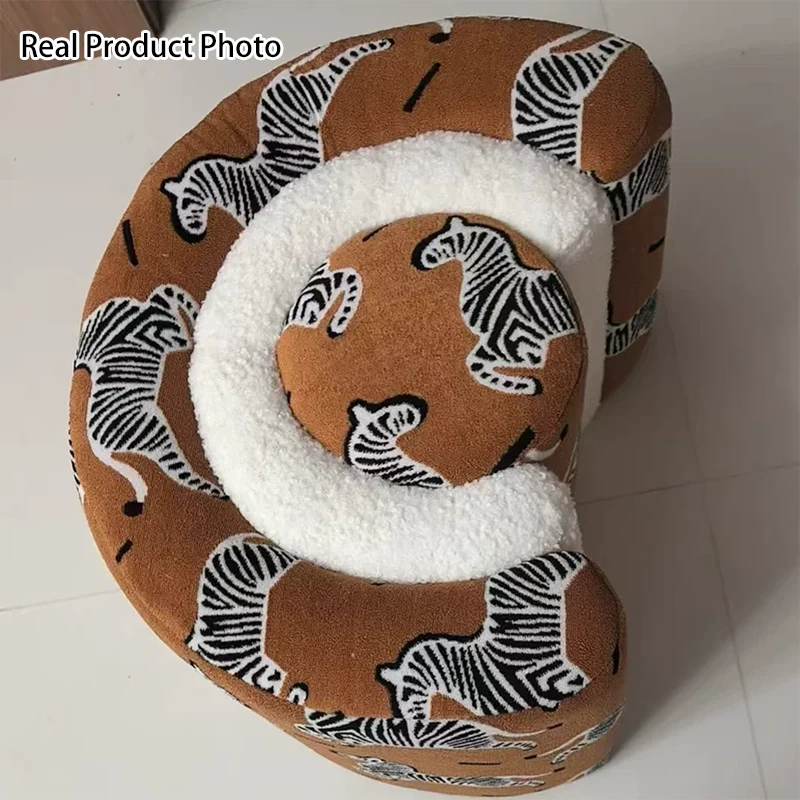 Contemporary Creative Solid Wood & Plywood Sherpa Fabric U-Shaped Zebra Pattern Low Stool For Entryway And Living Room