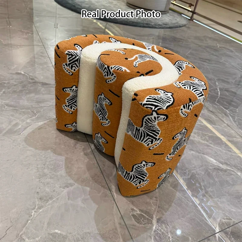 Contemporary Creative Solid Wood & Plywood Sherpa Fabric U-Shaped Zebra Pattern Low Stool For Entryway And Living Room
