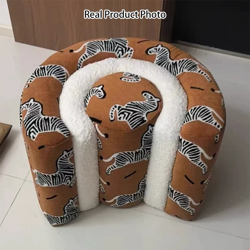 Contemporary Creative Solid Wood & Plywood Sherpa Fabric U-Shaped Zebra Pattern Low Stool For Entryway And Living Room