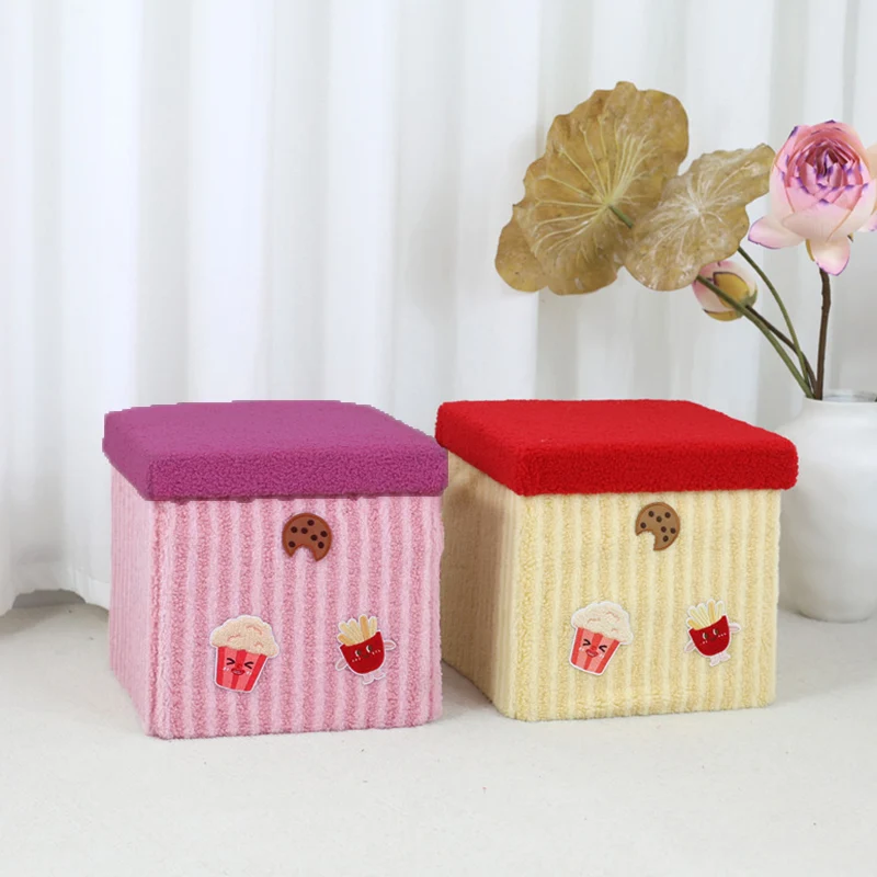 Contemporary Creative MDF & Cotton Square Kids Low Stool With Foldable Design & 1-Storage Space For Entryway And Living Room