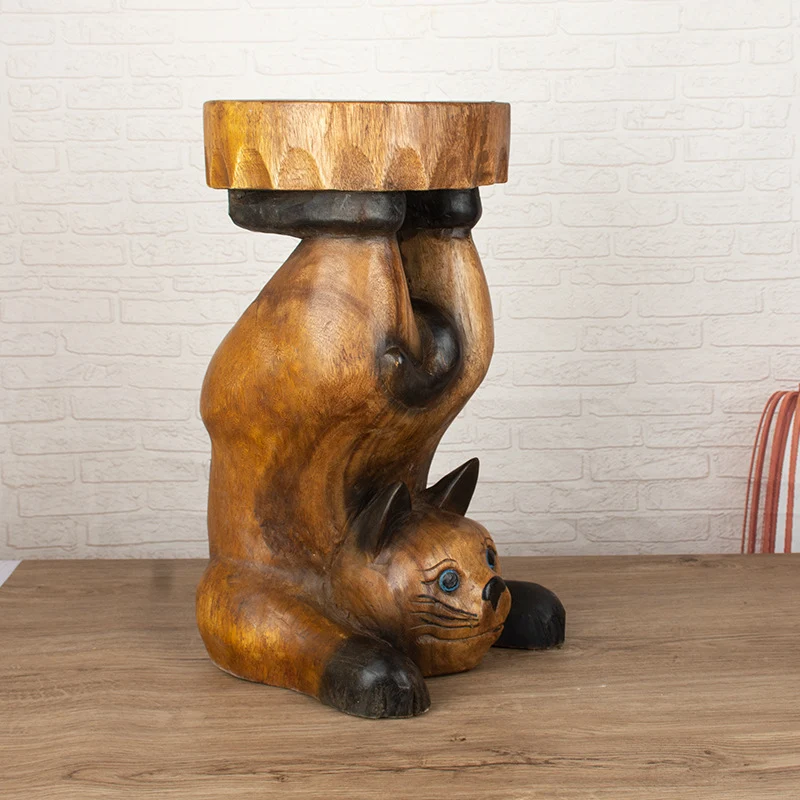 Contemporary Creative Solid Wood Cat Design Side Table For Living Room - Hand-Carved Accent Table In Natural Wood