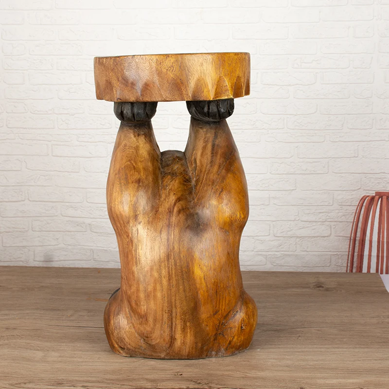 Contemporary Creative Solid Wood Cat Design Side Table For Living Room - Hand-Carved Accent Table In Natural Wood