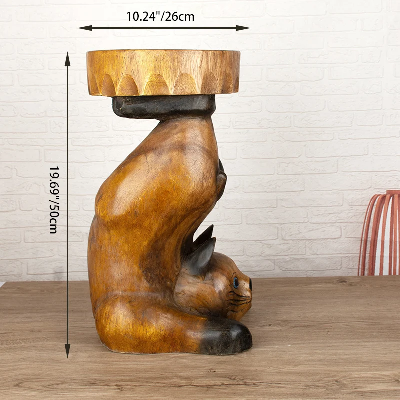 Contemporary Creative Solid Wood Cat Design Side Table For Living Room - Hand-Carved Accent Table In Natural Wood