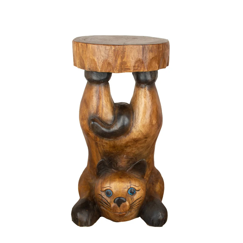 Contemporary Creative Solid Wood Cat Design Side Table For Living Room - Hand-Carved Accent Table In Natural Wood