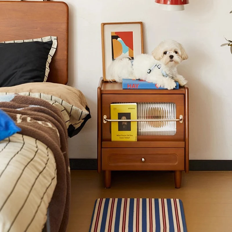 Modern Minimalist Rubberwood Solid Wood Plywood Acrylic Square Nightstand 2-Drawer Storage Cabinet With Silent Closing For Bedroom