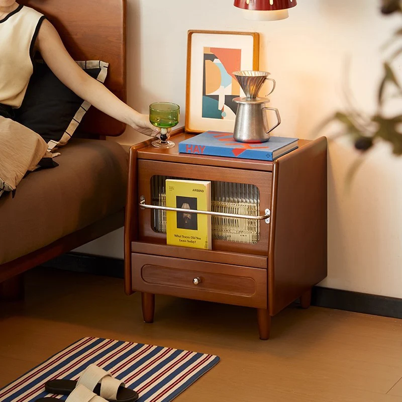 Modern Minimalist Rubberwood Solid Wood Plywood Acrylic Square Nightstand 2-Drawer Storage Cabinet With Silent Closing For Bedroom