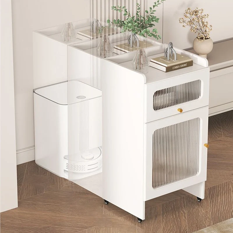 Contemporary Nordic Particleboard Glass HDF Rectangular End Table 1/2-Tier Movable Storage Cabinet For Robot Vacuum For Living Room