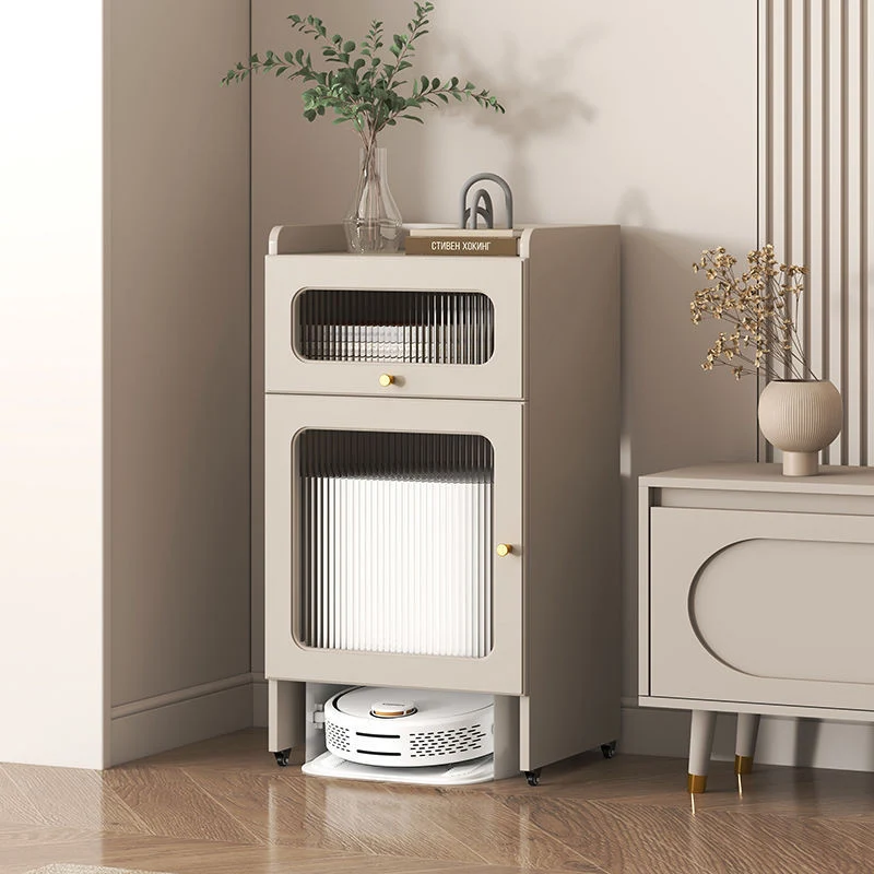 Contemporary Nordic Particleboard Glass HDF Rectangular End Table 1/2-Tier Movable Storage Cabinet For Robot Vacuum For Living Room