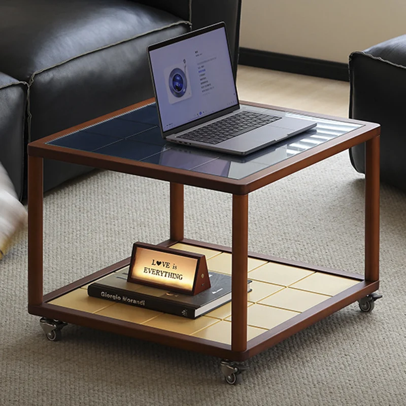 Contemporary Scandinavian Square Movable Boxwood Tempered Glass Solid Wood Multi-Layer Board End Table 2-Tier For Living Room