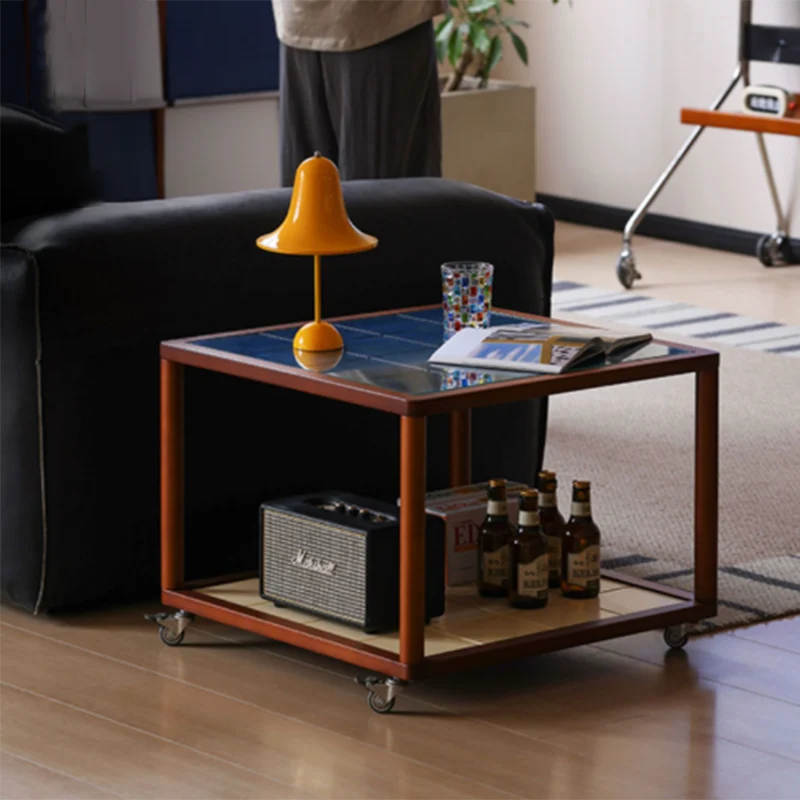 Contemporary Scandinavian Square Movable Boxwood Tempered Glass Solid Wood Multi-Layer Board End Table 2-Tier For Living Room