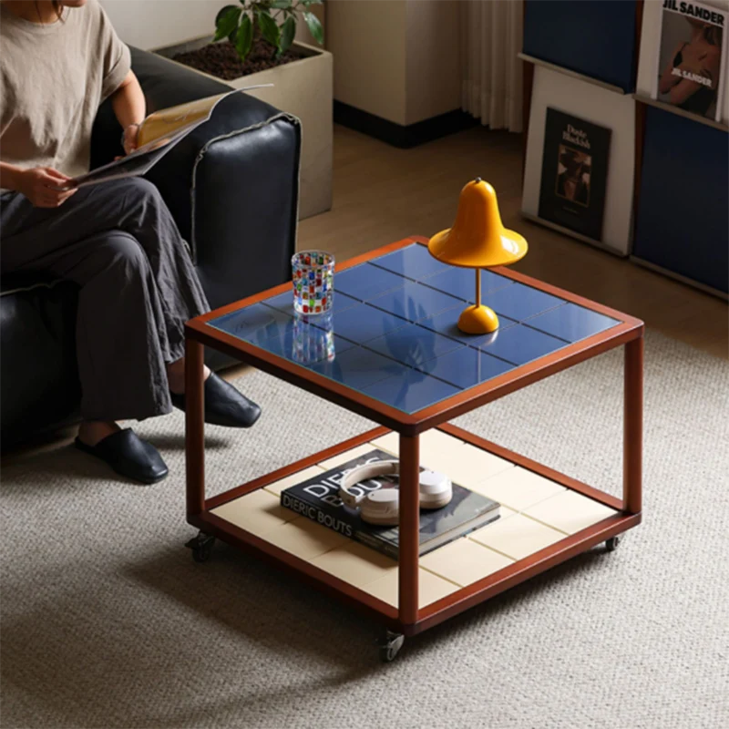 Contemporary Scandinavian Square Movable Boxwood Tempered Glass Solid Wood Multi-Layer Board End Table 2-Tier For Living Room