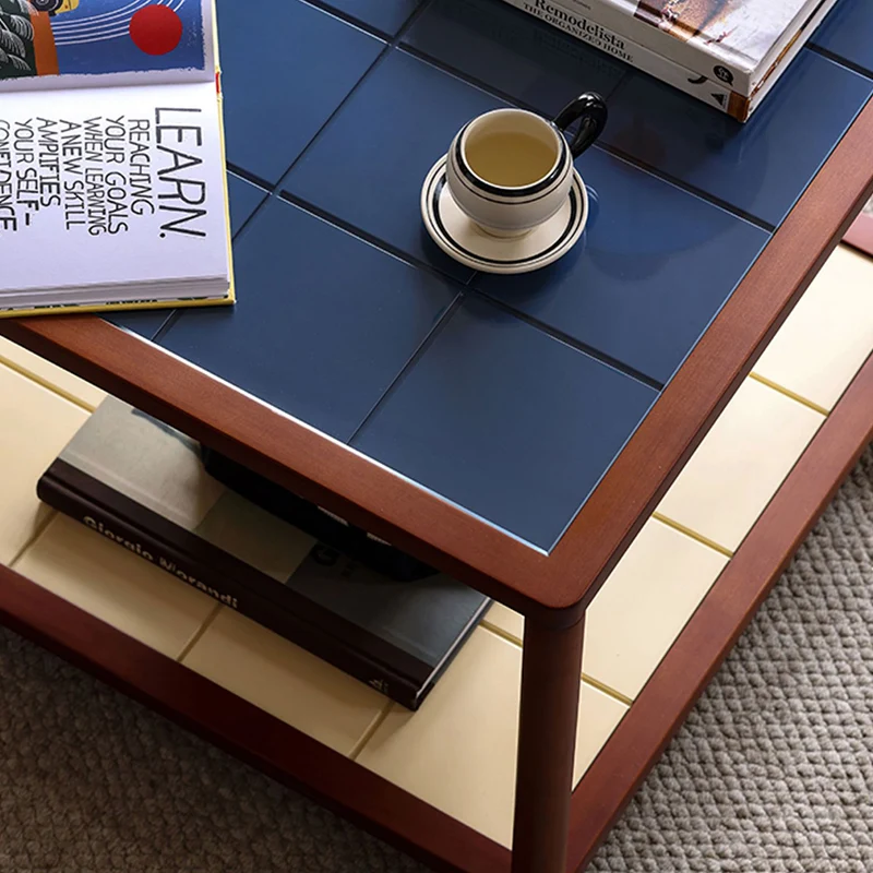 Contemporary Scandinavian Square Movable Boxwood Tempered Glass Solid Wood Multi-Layer Board End Table 2-Tier For Living Room